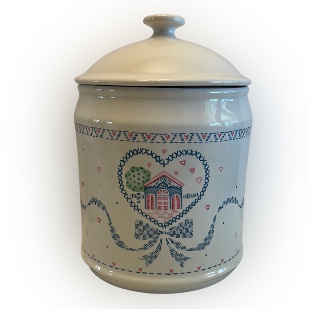 VTG 80s Stoneware White Ceramic Jar w/Heart and House Design Canister Large